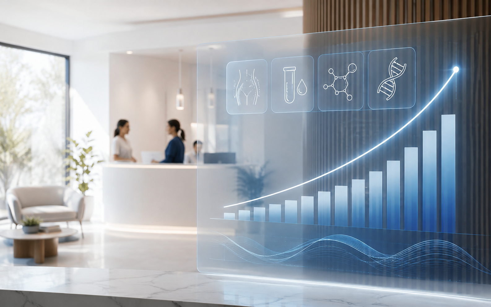 Modern wellness center with a digital dashboard showing rising demand and market growth
